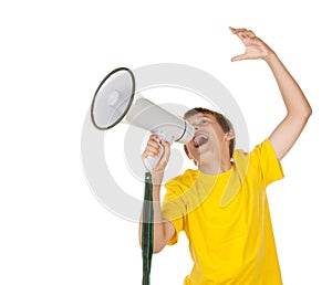 Boy yelling into a megaphone