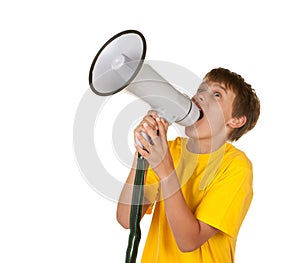 Boy yelling into megaphone