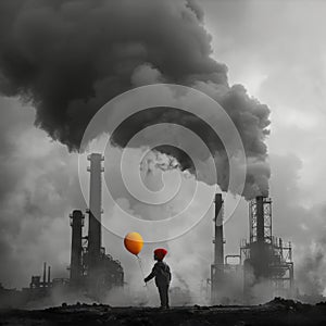 Boy with yellow balloon in industrial landscape.