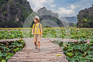 Boy in a yellow on the path among the lotus lake. Mua Cave, Ninh Binh, Vietnam. Vietnam reopens after quarantine