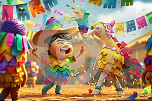 Boy and yellow pinata dancing at Cinco de Mayo celebration party. Banner 3:2