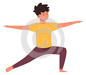 Boy in yoga pose. Kid making balance exercise