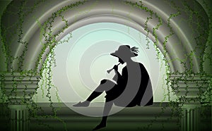 Boy or young man in hat sit near column and play trumpet, player romantic melody, scene, shadow,