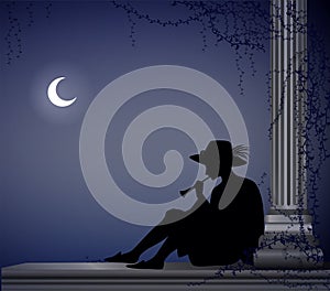 Boy or young man in hat sit near column and play trumpet under the moon light, lonely date, night melody, night player