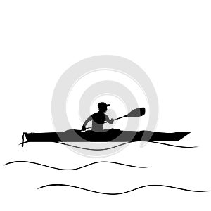 boy8Silhouette boy learns paddling Kayak. Kayaking water sport