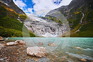 Boyabreen glacier a side branch of the Jostedalsbreen. Melting Norwegian glacier