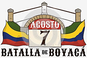 Boyaca`s Bridge, Calendar and Colombian Flags Commemorating Boyaca Battle Holiday, Vector Illustration photo