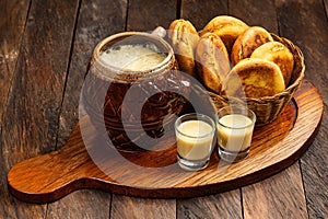 boyacenses arepas and alcoholic chicha drink photo