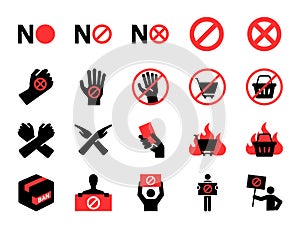 Boycott icon set. Included icons as protest, ban, no, reject, protester, forbidden and more.