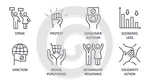 Boycott vector icons. Set of social confrontation symbols editable stroke. Strike protest sanction consumer activism. Economic