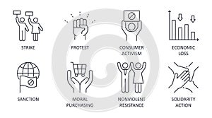 Boycott vector icons. Set of social confrontation symbols editable stroke. Strike protest sanction consumer activism. Economic photo