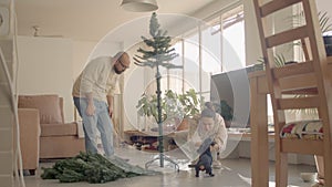 Couple in a homewear setting up an artificial Christmas tree and playing with a dog. Full shot high-quality image.