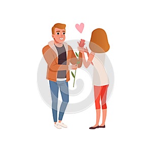 Boyfriend giving rose flower to his girlfriend, happy romantic loving couple on date cartoon vector Illustration