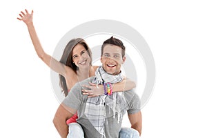 Boyfriend holding laughing girl waving