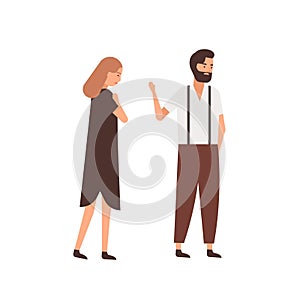 Boyfriend leaving girlfriend flat vector illustration. Depressed woman following indifferent partner cartoon characters