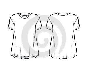 Boyfriend slub cotton-jersey T-shirt technical fashion illustration with crew neck, short sleeves, relaxed silhouette. photo