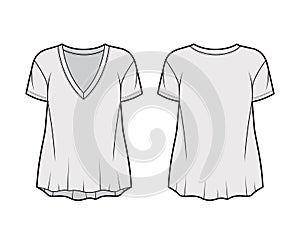 Boyfriend slub cotton-jersey T-shirt technical fashion illustration with V-neckline, short sleeves, relaxed silhouette. photo