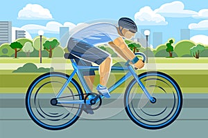 The boyin a helmet rides a bicycle. Cycling. Fitness and healthy lifestyle. Flat cartoon style. Against the backdrop of