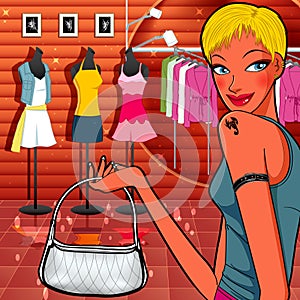 Boyish girl shopping in dresses shop