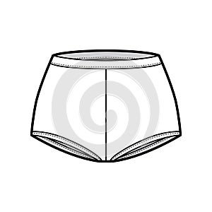 Boyleg briefs boxers technical fashion illustration with mid waist rise, full hips coverage boushorts panties lingerie