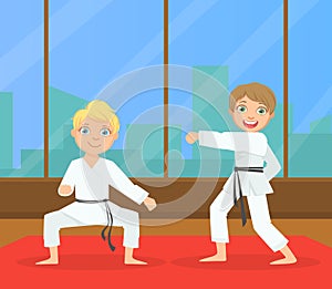 Boys Asian Martial Art Fighters, Cute Children Athletes Practicing Karate Technique, Kids Wearing Kimono Training in Gym