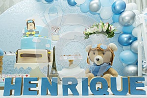 Boys birthday party with bluish pastel colors decoration