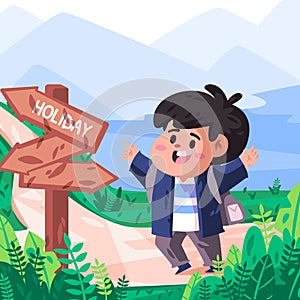 Boys children trecking walking traila outdoor summer adventure holiday finding road rute sign drawing cartoon
