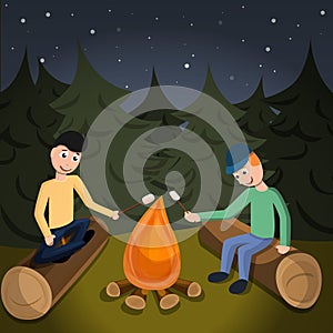 Boys cook marshmallow on fire concept background, cartoon style