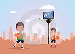 boys couple practicing basketball