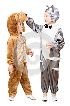 Boys dressed as a cat and dog