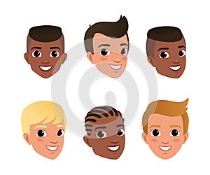 Boys faces set. Smiling boys characters creation, constructor for animation cartoon vector illustration