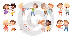 Boys fighting. School bully angry kids punishing in playground vector cartoon characters set