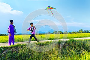 Boys flying a kite in a paddy field