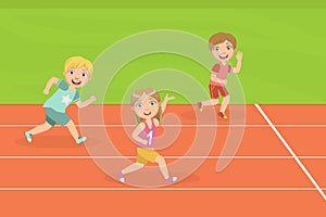 Boys and Girl Running Race Tracks of Stadium at Competition Vector Illustration