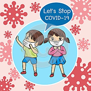 Boys and girl Wearing a Protective Mask to Protect Covid-19, concept vector illustration