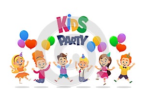 Boys and girls with the balloons and birthday hats happily jumping with their hands up kids party