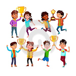 Boys And Girls Children With Trophy Cup Set Vector