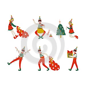 Boys and girls Christmas elf characters Set. Cute Santa Claus helpers decorated fir tree, holding gift boxes, dragging
