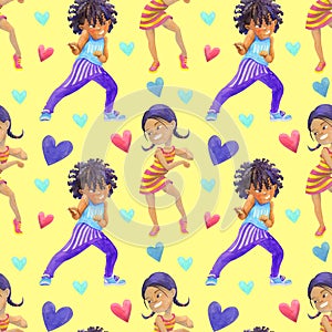 Boys and girls dancing on yellow backgraund. Watercolor seamless pattern