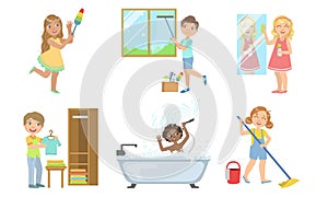 Boys and Girls Doing Different Doing Housework Set, Kids Helping Their Parents with Home Cleaning Vector Illustration