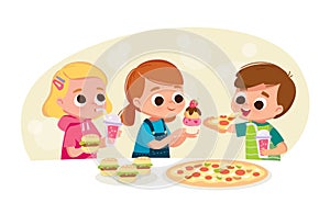Boys and girls eating fast food. Boy eating pizza