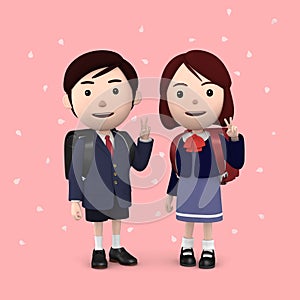 Boys and girls in elementary school entrance ceremony Cherry blossoms background Pink. 3D illustration