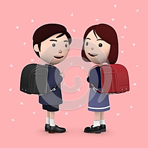 Boys and girls in elementary school entrance ceremony Cherry blossoms background Pink. 3D illustration