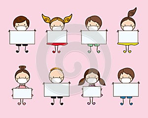 Boys and girls kids with masks and banners against 2019 ncov virus vector design