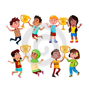 Boys And Girls Kids With Trophy Cup Set Vector