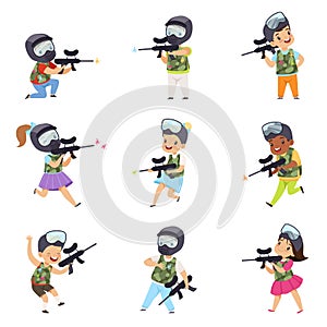 Boys and girls paintball players set, little kids wearing masks and vests playing paintball aiming with guns vector