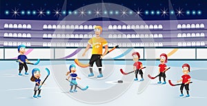 Boys and Girls Playing Hockey on Ice Rink Vector.
