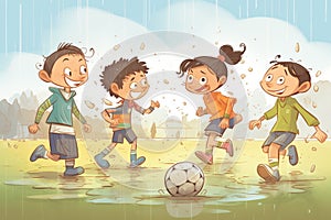 boys and girls playing soccer on a muddy field