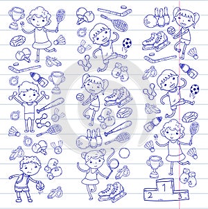 Boys and girls playing sports illustration Fitness, football, soccer, yoga, tennis, basketball, hockey, volleyball