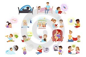 Boys and Girls Reading Books Set, Kids Imagination Concept Cartoon Vector Illustration